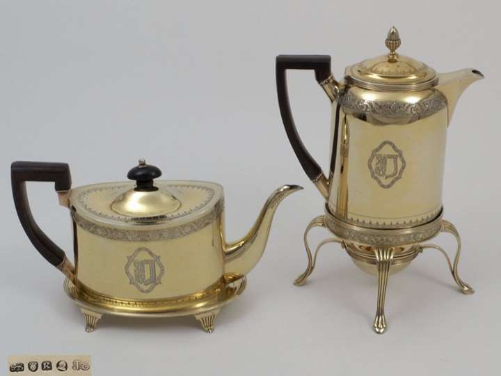 A Very Fine George III Silver Gilt Coffeepot on Burner and Teapot on Stand
